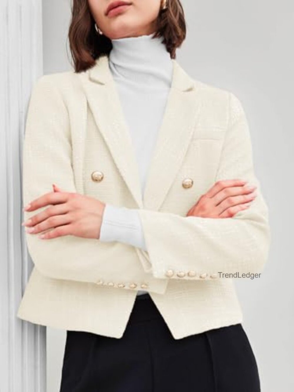 Cropped Tweed Blazer Jacket Open Front Long Sleeve Business Suit with Pockets - Picture 2 of 7